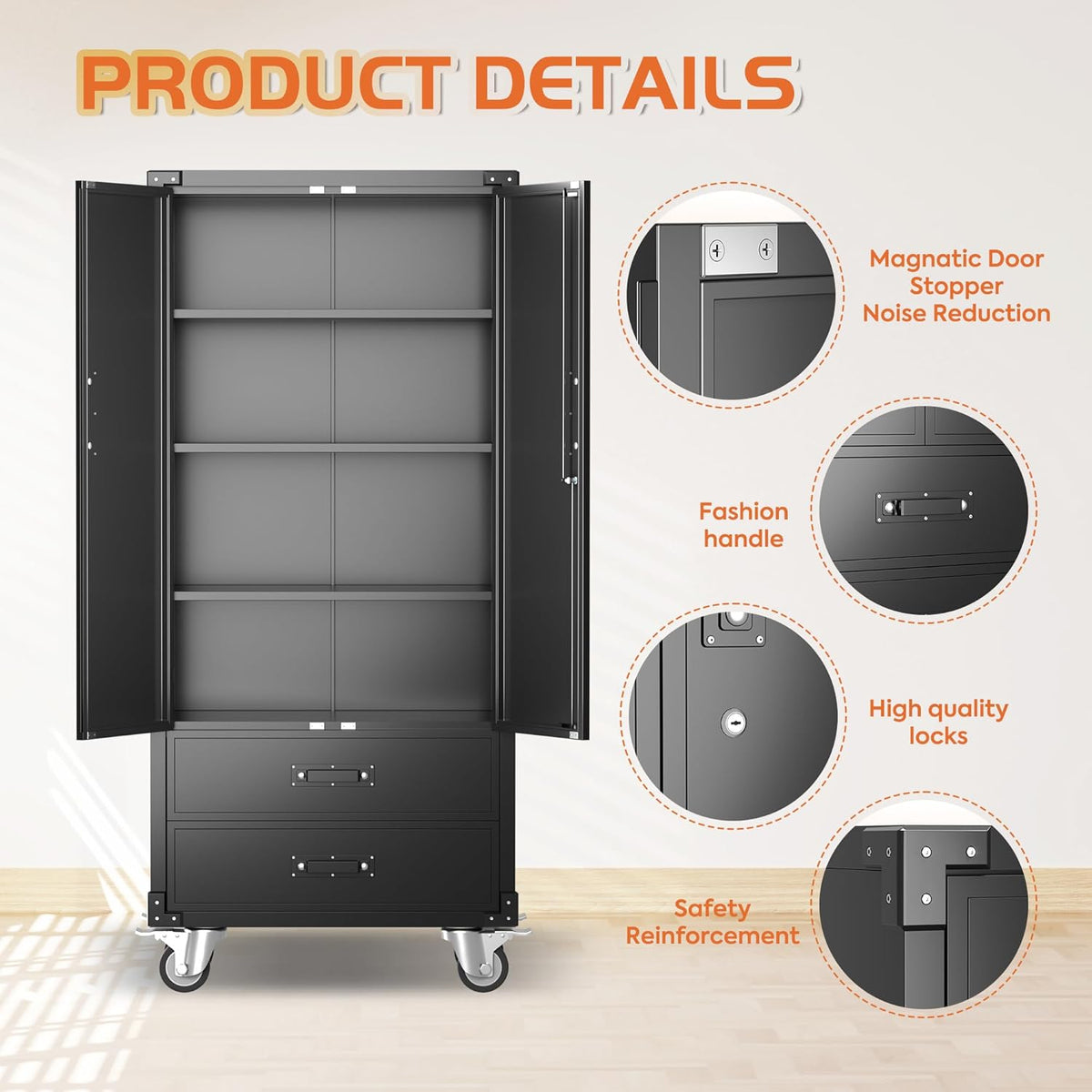 Rolling Storage Cabinet with 2 Doors and 2 Drawers, Heavy Duty Metal Storage Cabinet with Shelves, Locking Steel Cabinet for Warehouse, Home, Office (Black)