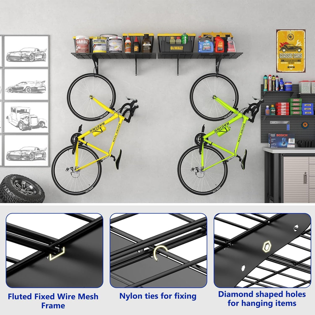 4Pack 2x6ft Garage Shelving Wall Mounted, 2400 Lbs Heavy Duty Garage Wall Shelving Storage Shelves for Basement, Laundry Room, Heavy Duty Floating Shelves Holds Up to(Black), 70.86" x 23.6"