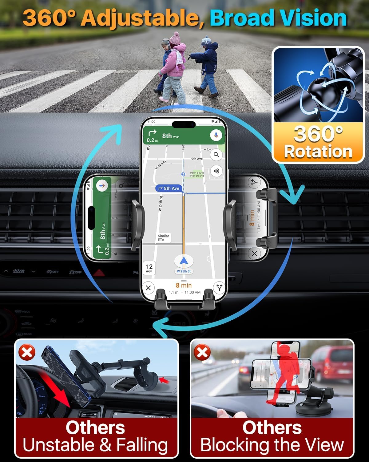 HTU 【Military-Grade】 Car Phone Holder,【Strongest & Longest Steel-Hook】 Car Vent Mount, Handsfree 360° Adjustable Automobile Cradle Air Clip Stand for iPhone 16 15 14 13 12 Pro Max Samsung, Black