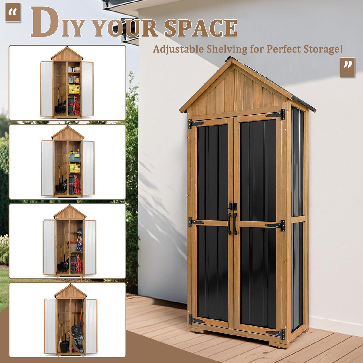 Outdoor Storage Cabinet Waterproof, Outdoor Storage Shed with Shelves, Wood & Metal Patio Backyard Garden Storage Cabinet Tool Organizer for Outside