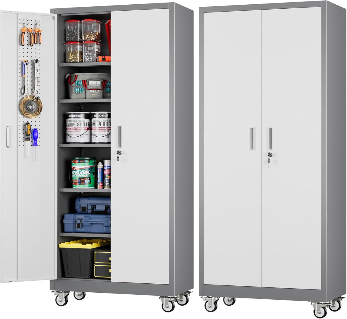 Metal Garage Cabinet with Wheels and Pegboard 71'' x 32'' x 16'', Lockable Rolling Steel Cabinet with 5 Adjustable Shelves and Door for Garage, Office, Kitchen, Assembly Required