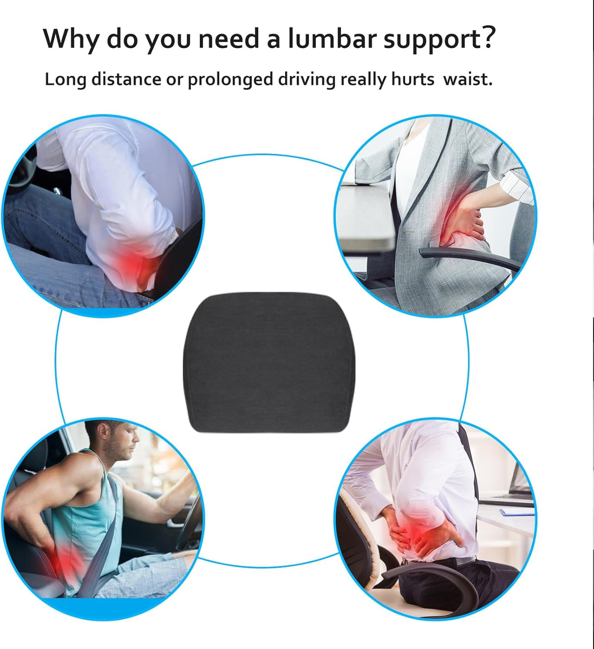 Lumbar Support Pillow Ergonomic Memory Foam Lumbar Pillow for Lower Back Pain Relief - Back Cushion for Driving, Chair Support for Car, Office & Gaming Chairs (Black, 1PC)