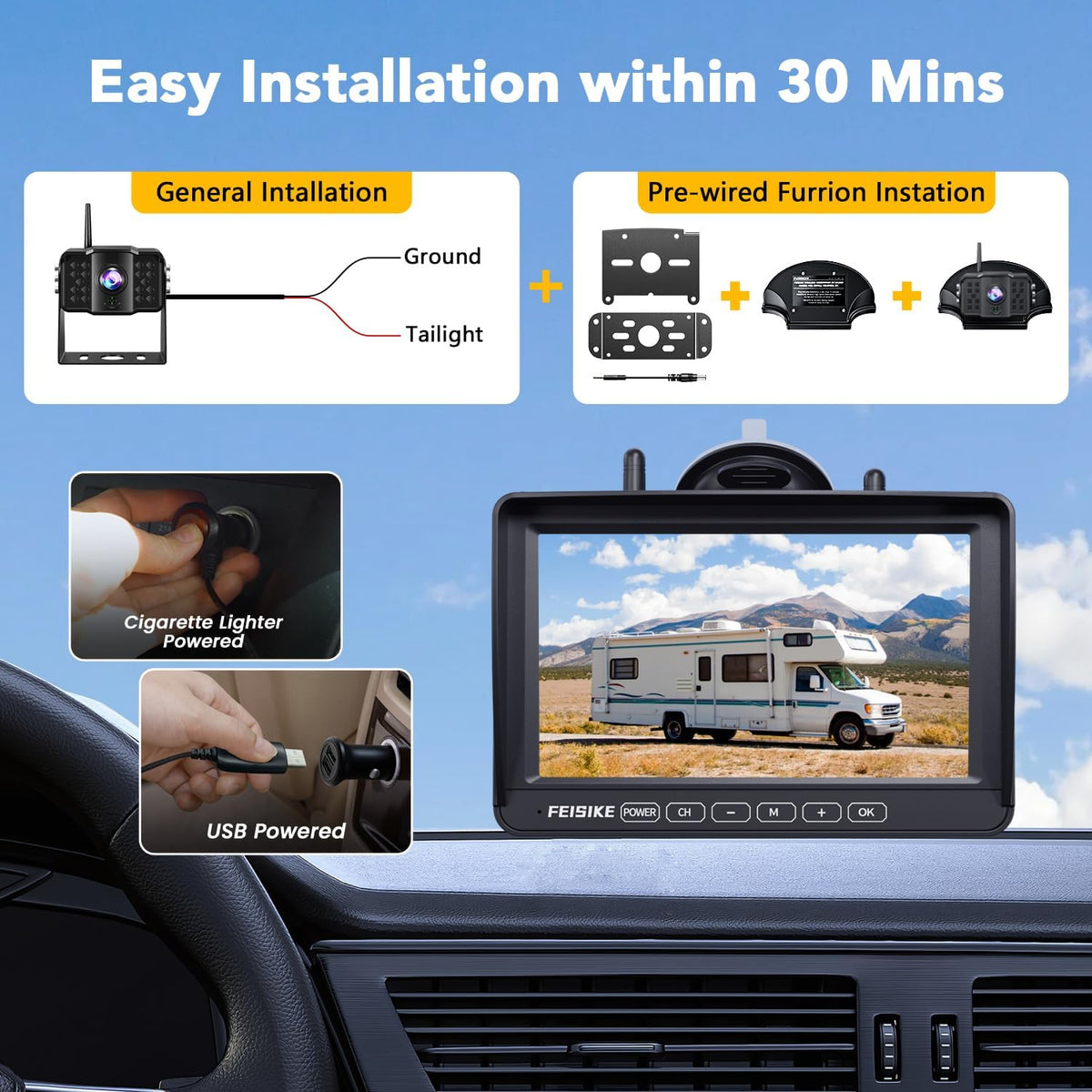 RV Backup Camera Wireless with 7" 1080P Monitor, for Furrion Pre-Wired RV, 4-Channel Split Screen System, Loop Recording, IR Night Vision, Wide Rear View Camera for Truck, Trailer, Camper