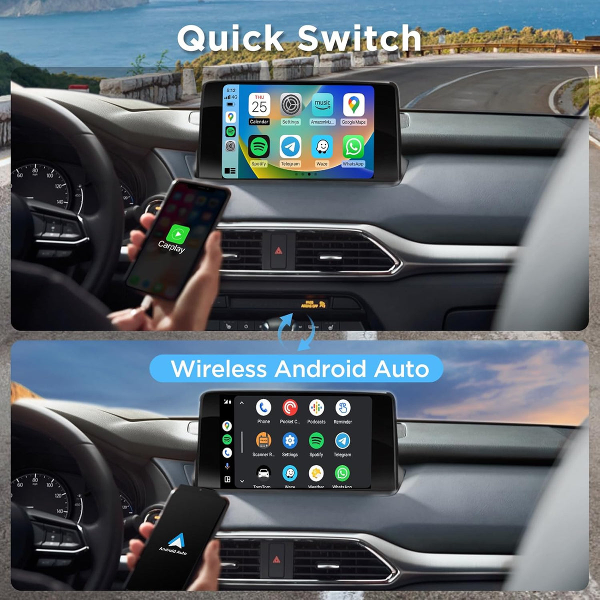 2in1 CarPlay Android Auto Wireless Adapter, Mini Car Play Cars Stick, Fast Auto Connection for OEM Wired CarPlay Car Model 2017 Above, for iPhone iOS 12 /Android 11 Above, Silver