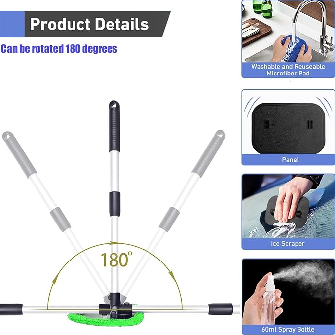 desin Windshield Cleaning Tool, Car Window Cleaner Windshield Cleaner with 4 Reusable and Washable Microfiber Pads and Extendable Handle Auto Inside Glass Wiper