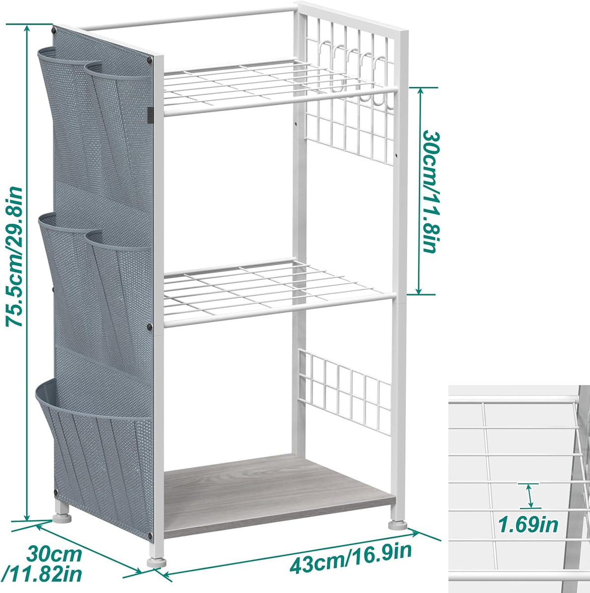 YBING Garden Tool Organizer, Yard Tool Stand with Side Storage Pockets, Yard Tower Rack for Garage Storage, Freestanding Tools Organizers and Storage for Shed, Gray