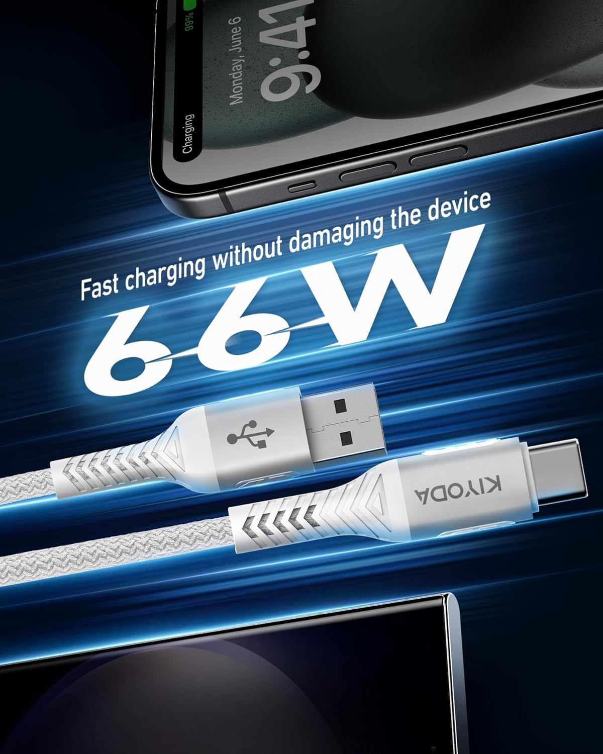 USB A to USB C Cable Fast Charging 66W, 2Pack 3FT Coiled Braided USBC Phone Charger Cables for Car, Short USB to USB Type C Cord for iPhone 16 15 Pro Max, Samsung Galaxy S24 S23 and More-Silver