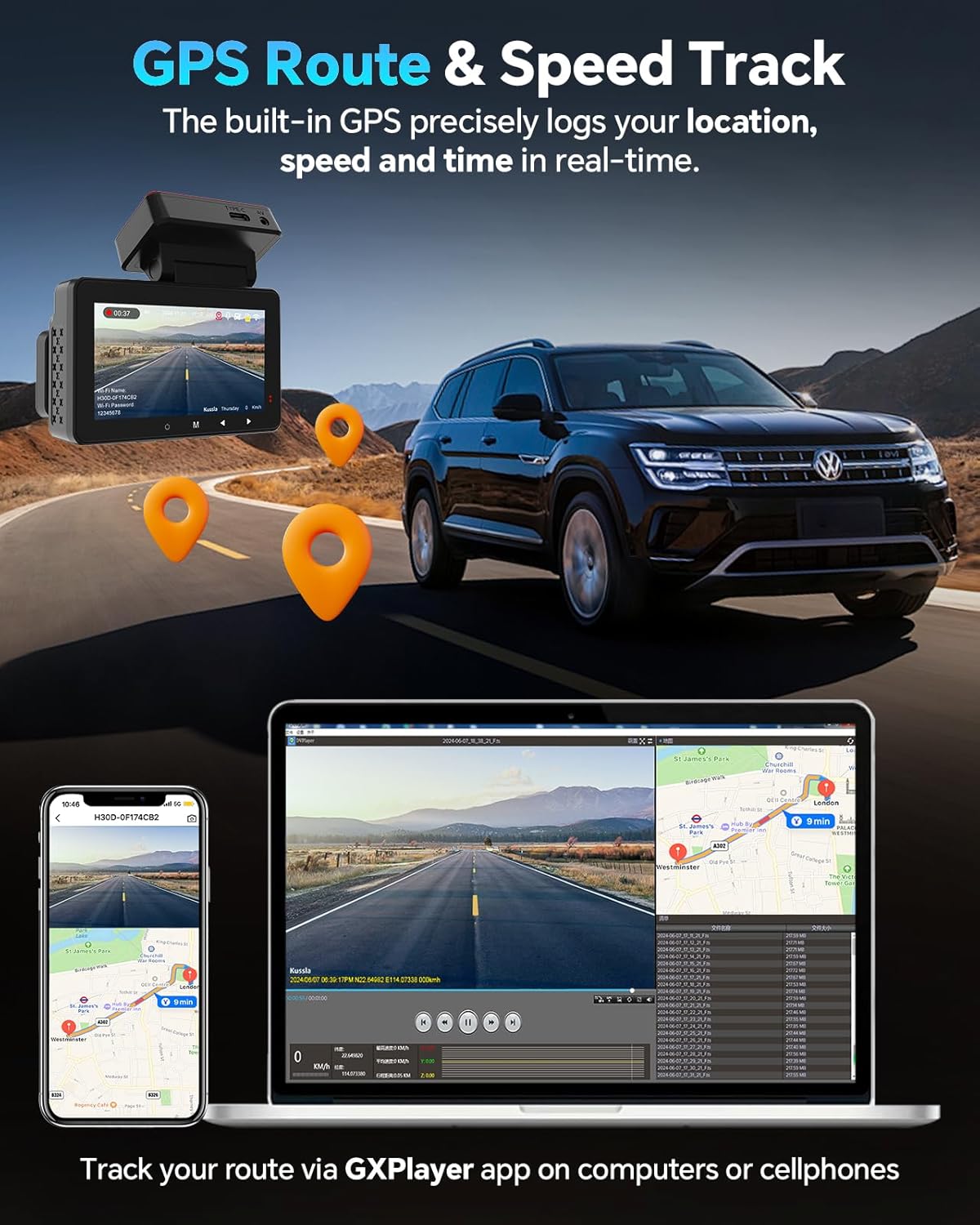 Dash Cam Front and Rear 4K+1080P, Dash Camera for Cars Built-in GPS WiFi, App Control, 64GB Card, 3 Inch IPS Screen Dual Dashcam Car Camera with ADAS, Night Vision, Loop Recording, G-Sensor