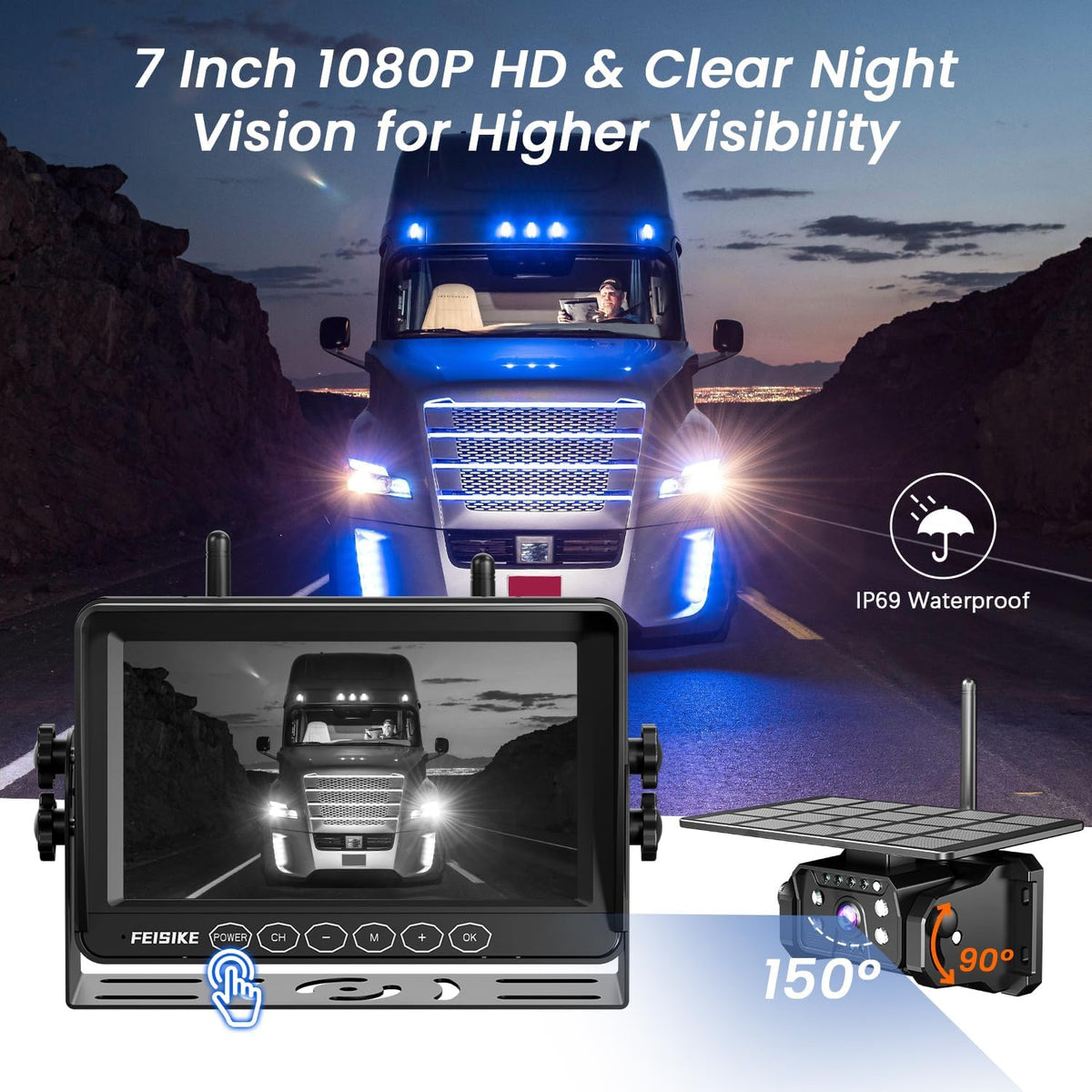 Dual Magnetic Solar Wireless Backup Camera for RV Truck Trailer – 7" 1080P Monitor with Recording, 1-Min Install, No Delay, Wide View, IR Night Vision, 4 Channels, Auto-Sleep Rechargeable