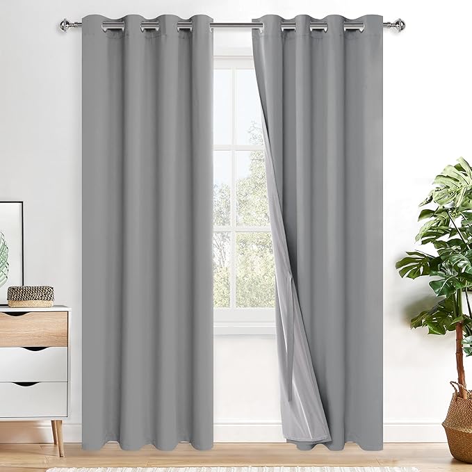 XWZO 100% Blackout Curtains with Tiebacks- 2 Thick Layers Completely Shaded Window Treatment Thermal Insulated Lined Drapes with Grommets for Bedroom/Laundry, Light Grey, W52 x L84, Set of 2 Panels