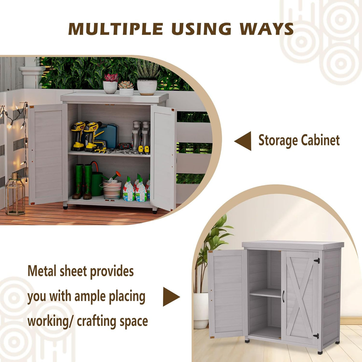 Outdoor Storage Shed Waterproof, Potting Shed with Storage Cabinet and Metal Table Top for Backyard Garden Patio,Outdoor Work Station Table