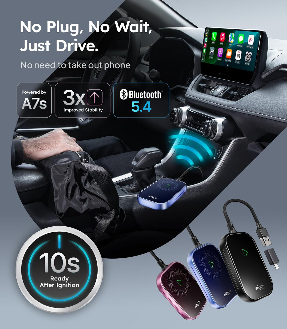 Wigoo 2025 Upgrade Wireless CarPlay Adapter for iPhone [Long-Drive Stability, 10s Connect, Easy Use] Converts Wired to Wireless, Low Delay CarPlay Dongle, Fit for Cars with Wired CarPlay, Black
