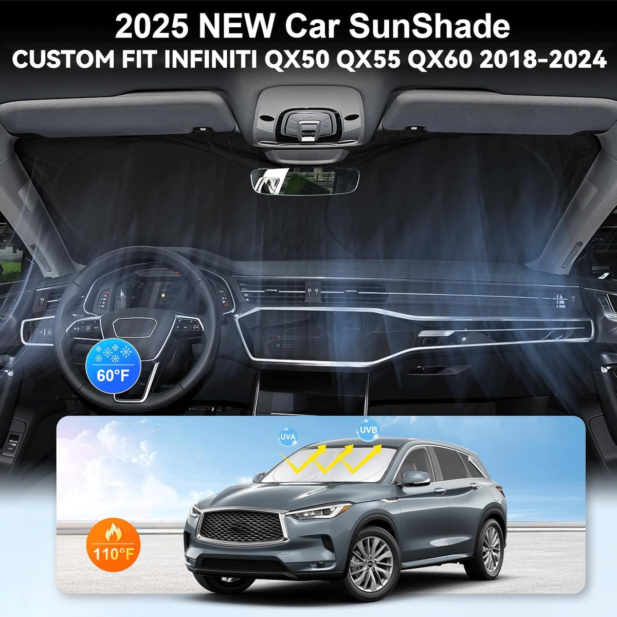 Custom Fit Infiniti QX60 Windshield Sunshade for Infiniti QX50 QX55 QX60 QX80 2026 2025-2018 Front Window Shades Cover for Windshield Sun Visor Protector 210T Reflector Blocks UV Ray Car Accessories