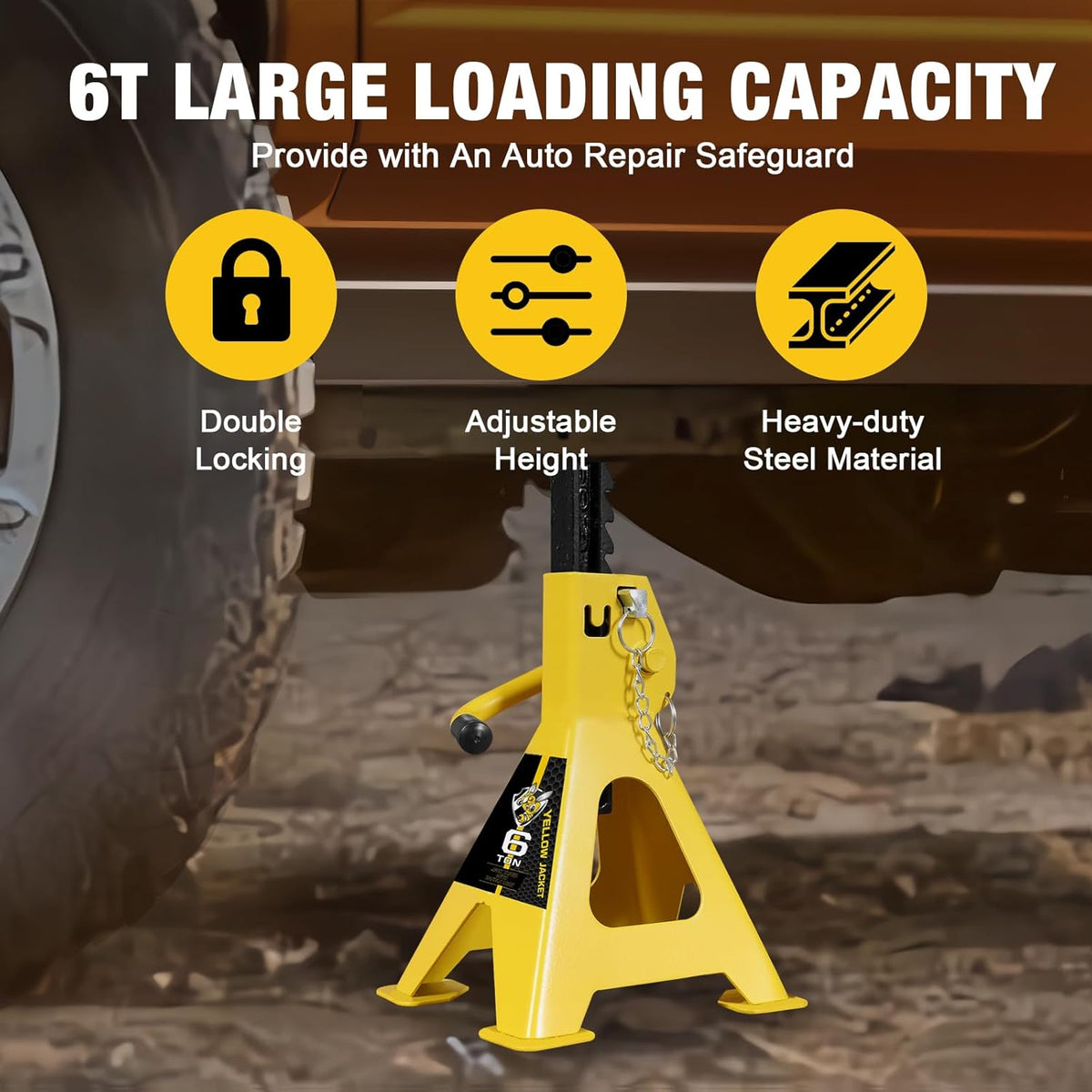 YELLOW JACKET Jack Stands 6 Ton with Double Locking and Large Foot Base for Lifting SUVS, Heavy Duty Steel, 13000 lb Capacity, 1 Pair, Yellow