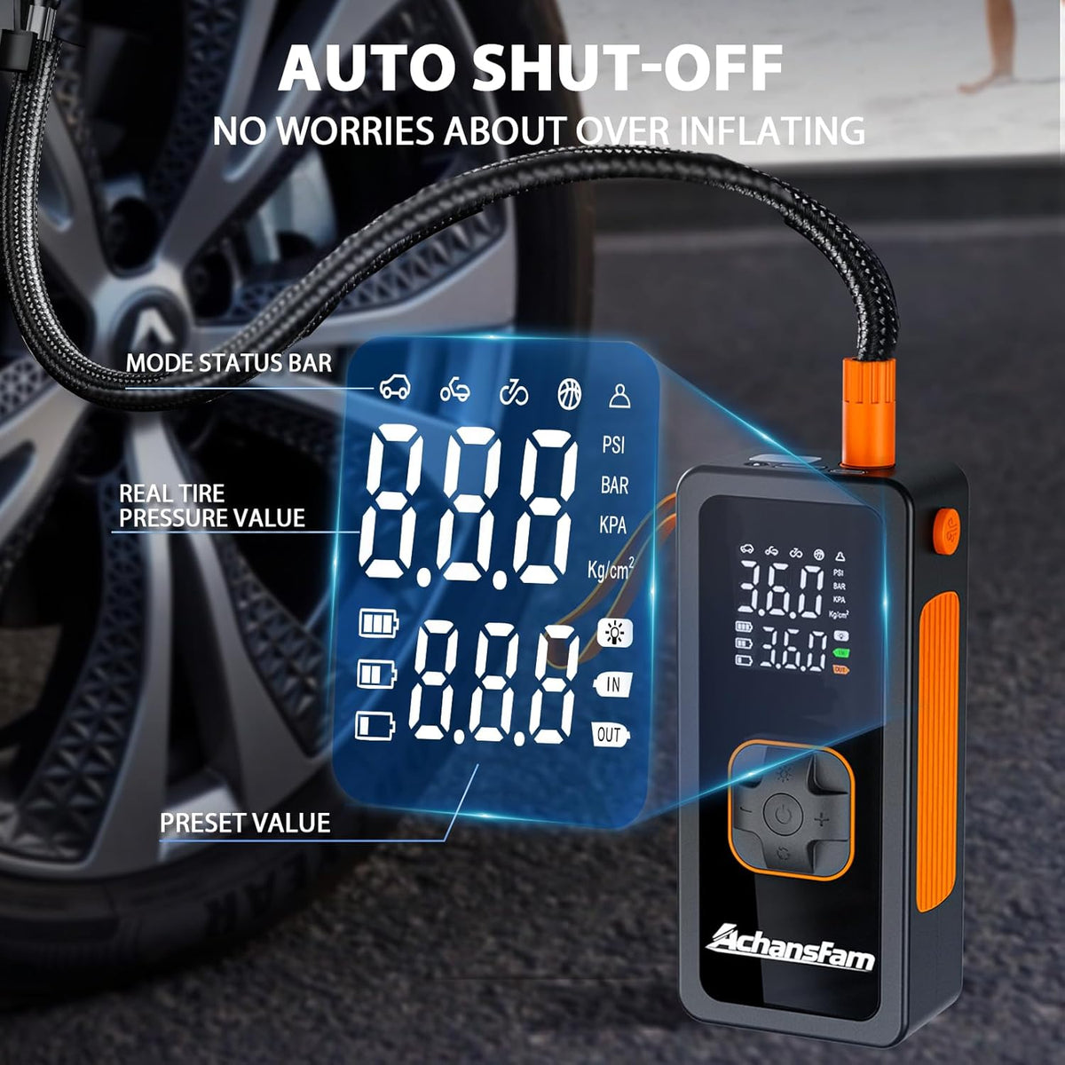 Tire Inflator Portable Air Compressor - Air Pump with Digital Pressure Gauge, 150PSI, LED Light, Auto Shut-Off Function - Cordless Pump for Car, Motorcycle, Bicycle, Balls and Lawn Equipment