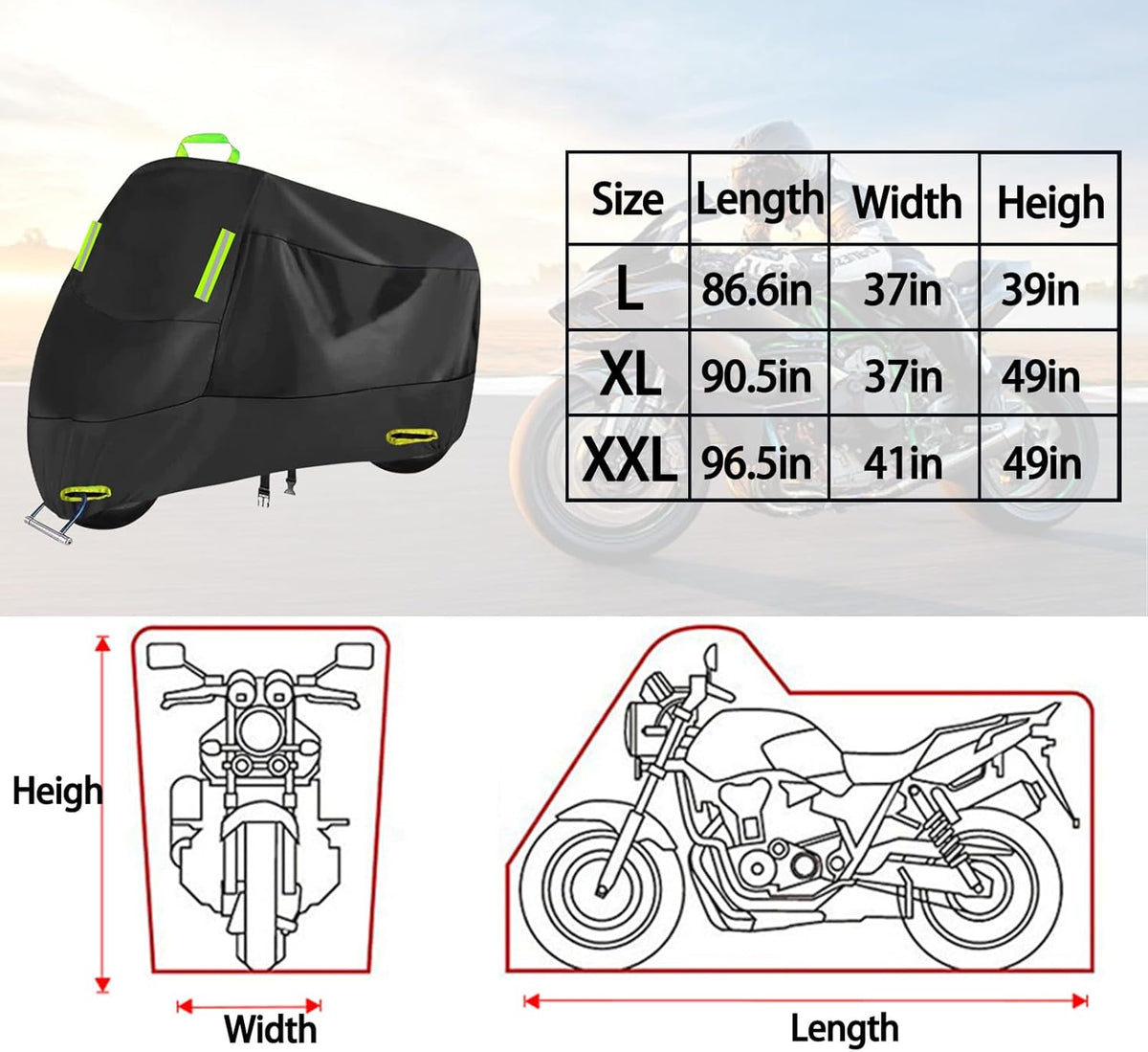 Motorcycle Cover All Season, Outdoor Storage Moped Covers, All-Weather Universal Waterproof Scooter Cover Fits up to 86.6" Motorcycles Vehicle