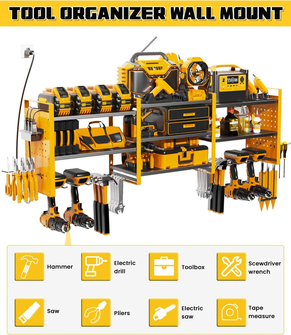 Heavy-Duty 48" Wall Mount Power Tool Organizer with Charging Station – 3-Tier Garage Organization Rack for Drills, Wrenches & Tools – Includes 16 Hooks & Pegboard Sides