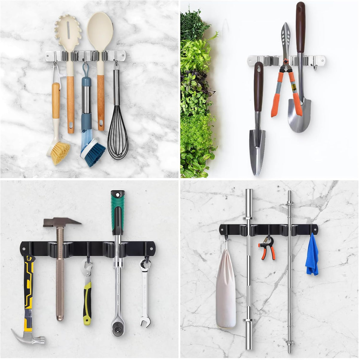 voze 2 Racks and 3 Hooks Mop and Broom Holder Wall Mount, Self Adhesive Heavy Duty Broom Organizer Storage Tool Racks for Kitchen Garden Laundry Garage