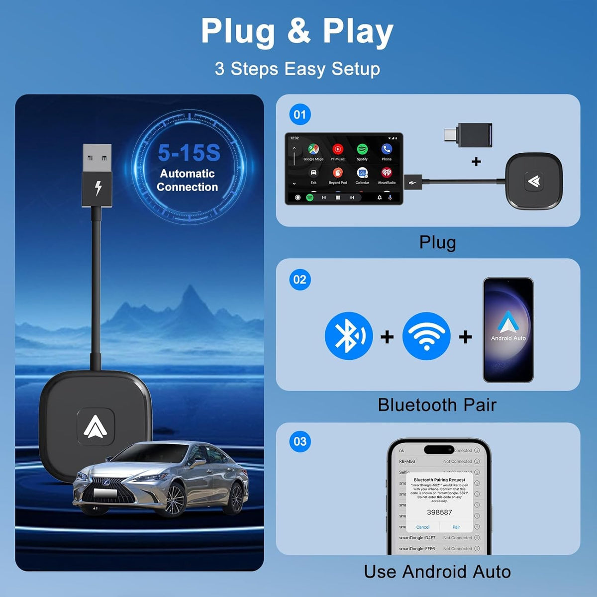 Android Auto Wireless Adapter for Wired Android Auto Cars Converts Wired to Wireless - Easy Setup Plug & Play Seamless Connection Stable and Fast