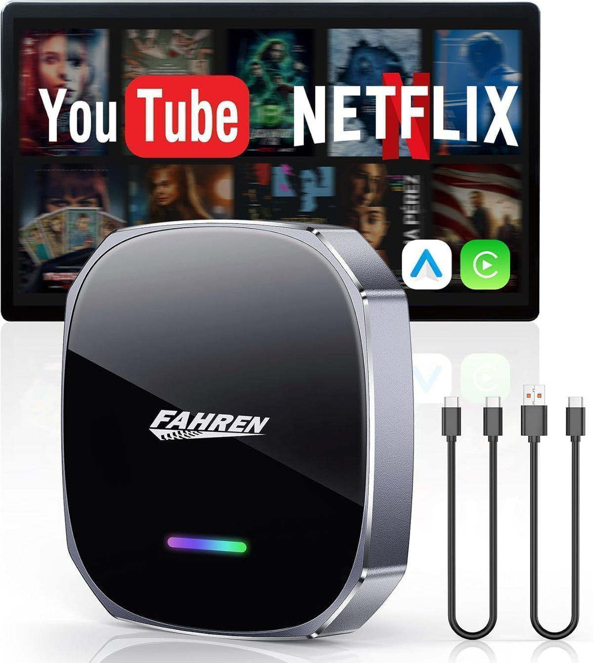 FAHREN 3rd-Gen Wireless CarPlay Adapter for iPhone& Android Auto, Support Netflix/YouTube, Mini Android Auto Wireless Adapter, Plug & Play,Only Fit with The 2018+ Cars with OEM Wired CarPlay