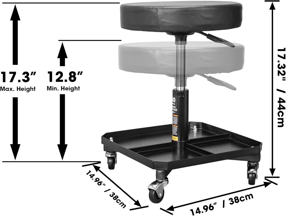 Torin ATR6350B Rolling Pneumatic Creeper Garage/Shop Seat: Padded Adjustable Mechanic Stool with Tool Tray Storage, Black