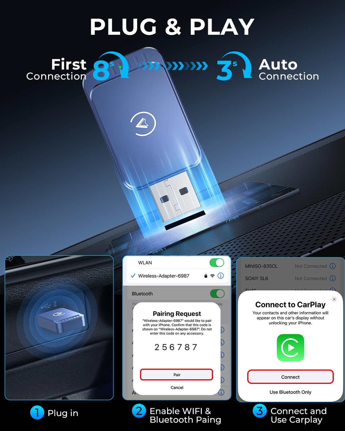 AuroraLink Wireless Carplay & Android Auto Adapter 2-in-1 Fast & Stable Carplay Wireless Adapter Convert Wired to Wireless Car Play Dongle for iOS 10+/Android 11+ (Blue)