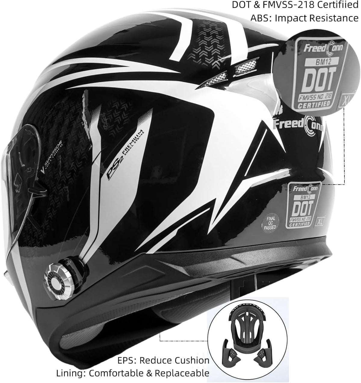 Full Face FreedConn Motorcycle Helmet Bluetooth 5.0 Integrated 2 Way Intercom DOT FMVSS-218 Rated Motorbike Helmet Communication with Dual Visor MP3 for Men Women New EPS
