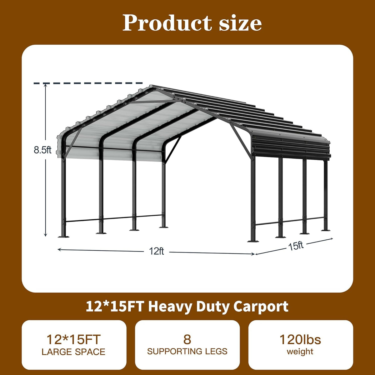 Walsunny Metal Carport 12x15 FT Heavy Duty Carport Canopy with Enhanced Base, Outdoor Car Shelter with Galvanized Steel Roof and Frame Garage for Truck, SUV, Boat, Gray