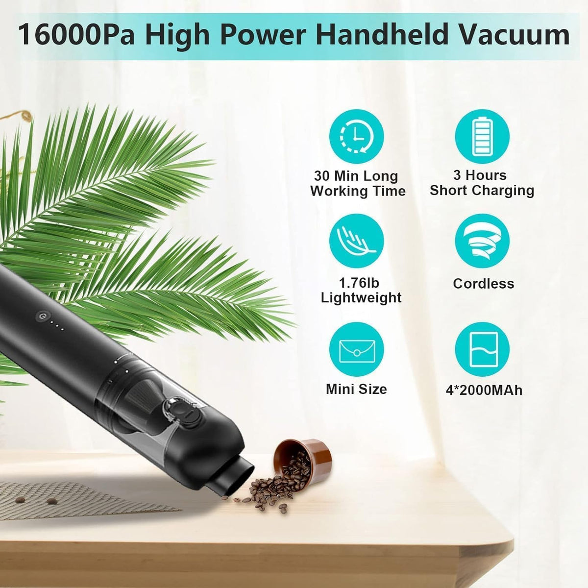Car Vacuum Portable Cordless, 4-in-1 Handheld Vacuums Cordless, 16,000PA Strong Suction Portable Vacuum for Car, One-touch to Empty, Lightweight Air Dust Buster for Travel, Office, Pet Hair & Home