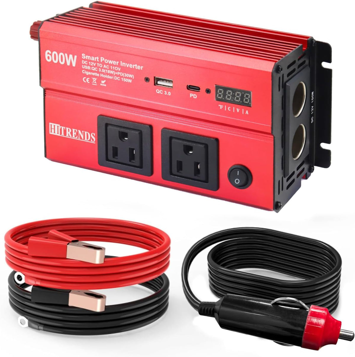 HITRENDS 600W Car Inverter, 12V DC to 110V AC, with 2 AC outlets, USB QC (18W) and Type-C (30W), Perfect for Camping, RVs, laptops, CE, FCC, ROHS Certified