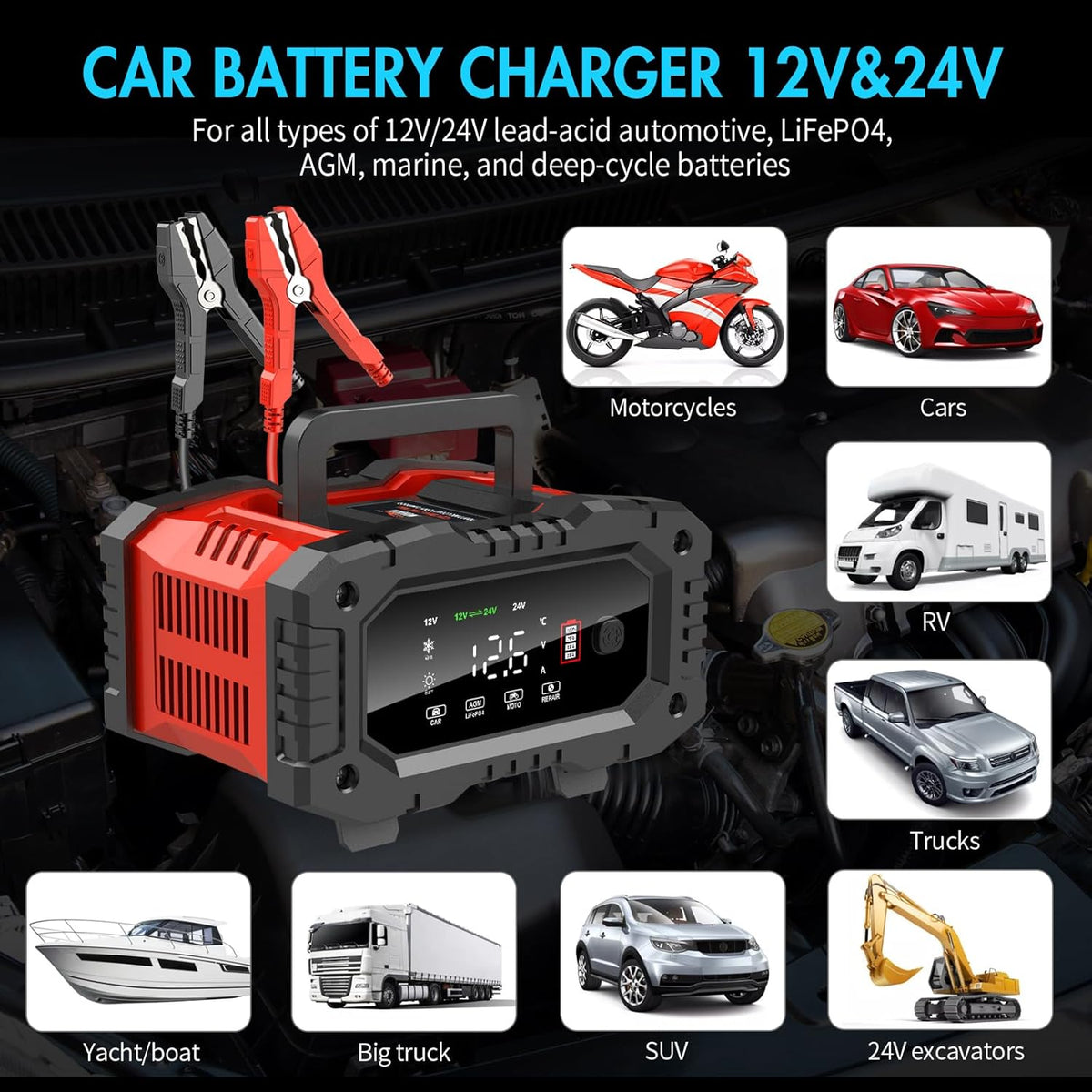 YONHAN Battery Charger 20A 12V/24V LiFePO4 Lead Acid Fully Automatic Battery Maintainer, Car Battery Trickle Charger Automotive w/Repair, Winter Mode, for AGM, STD, Gel, Deep Cycle Batteries