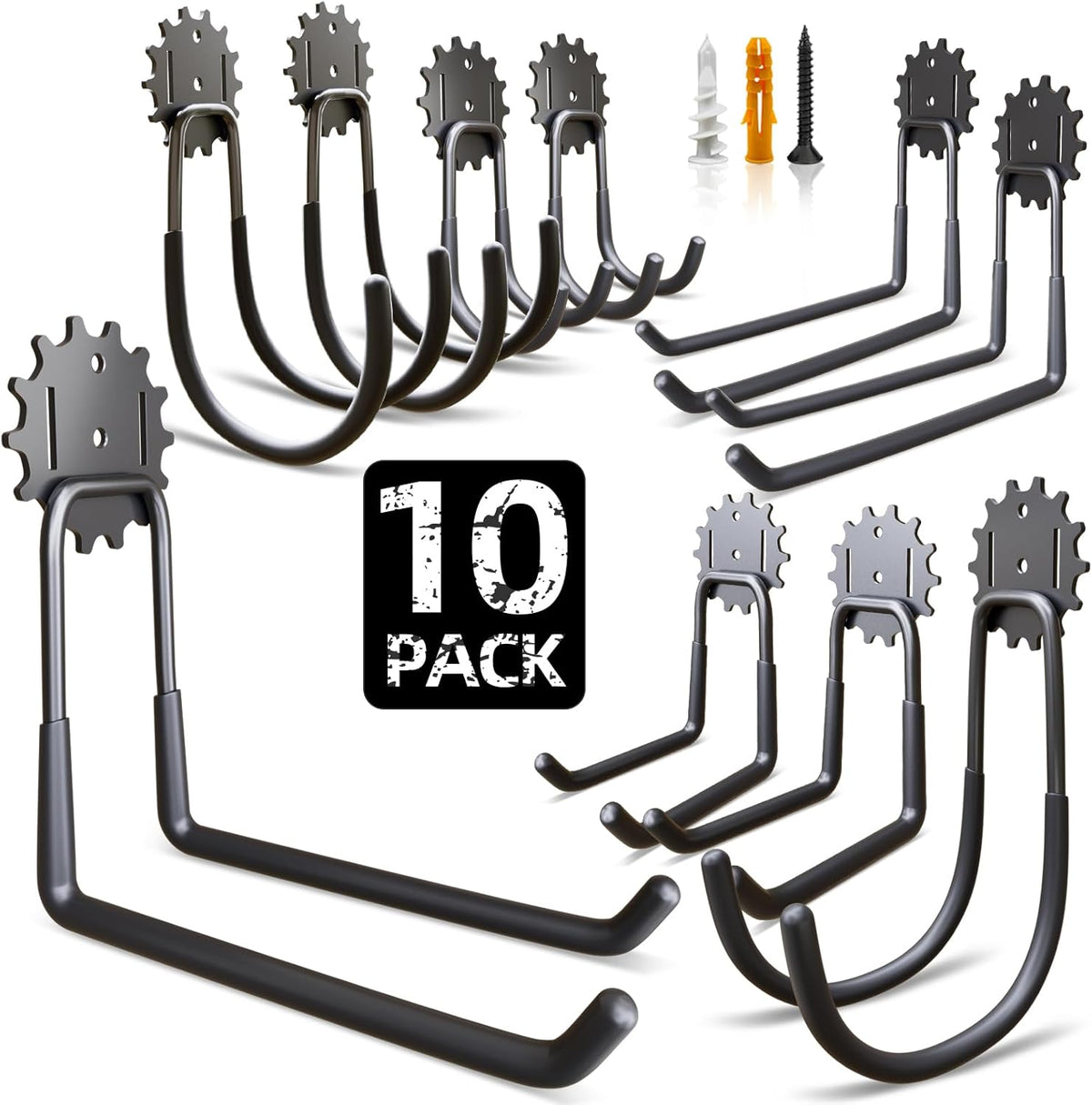 Heavy Duty Steel Storage Hooks - Utility Wall Mount Hooks with Anti-Slip Coating, Holds Bike, Ladder & Tools