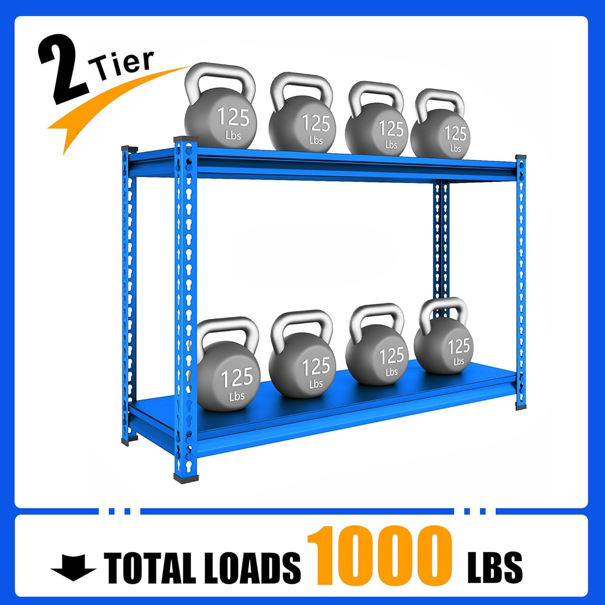 48" W Garage Shelving Heavy Duty, 1000LBS Loads Adjustable Garage Storage Shelves, 2-Tier Metal Shelving Units and Storage Racks, Industrial Utility Shelf,48" Wx18 Dx39 H, Blue