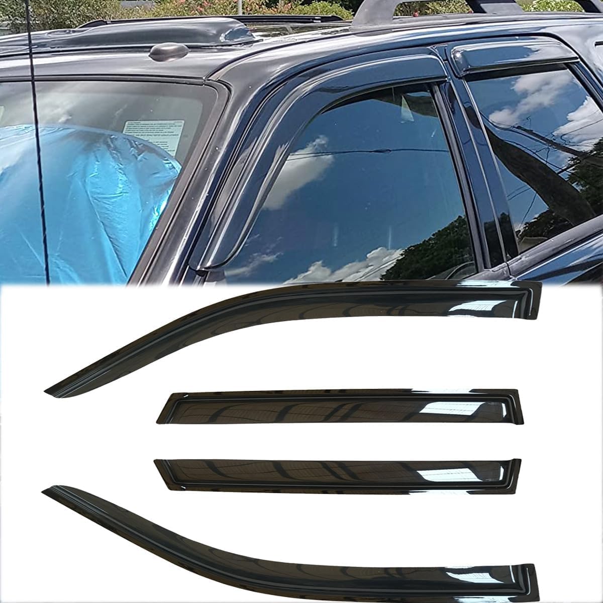 4pcs Shatterproof Outside Mount Style Sun Rain Guard Stylish Side Window Wind Deflectors Dark Smoke Vent Window Visors fit for 01-12 Escape 08-11 Mazda Tribute 05-11 Mercury Mariner 94059