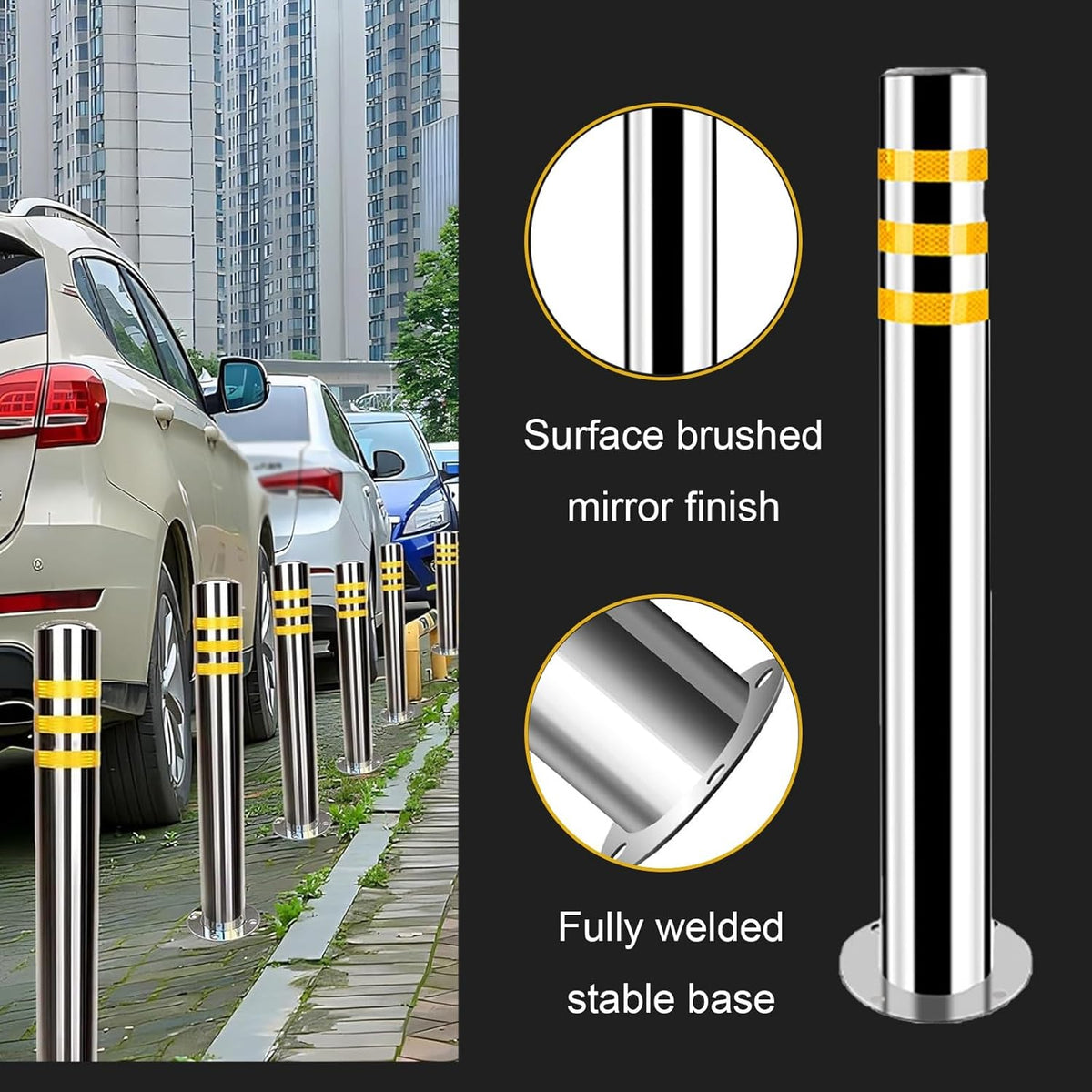 Stainless Steel Parking Bollards for Driveway, Industrial Safety Bollards Reflective Channelizer Post, Parking Barrier, Sturdy and Durable, Easy to Install, for Crowd Control(Silver (4pcs),7.6*60cm/3*