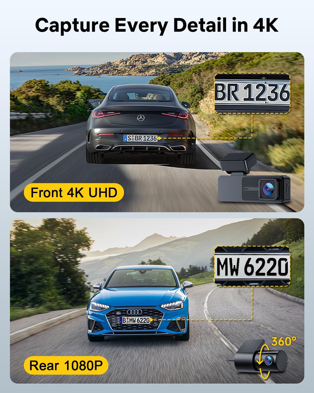 GKU Dash Cam Front and Rear, 3.18'' Touchscreen, 4K+1080P Dashcam, Built-in GPS, 5.8GHz WiFi Dash Camera for Cars with 24H Parking Monitor, Night Vision, WDR, Supports 512GB Max