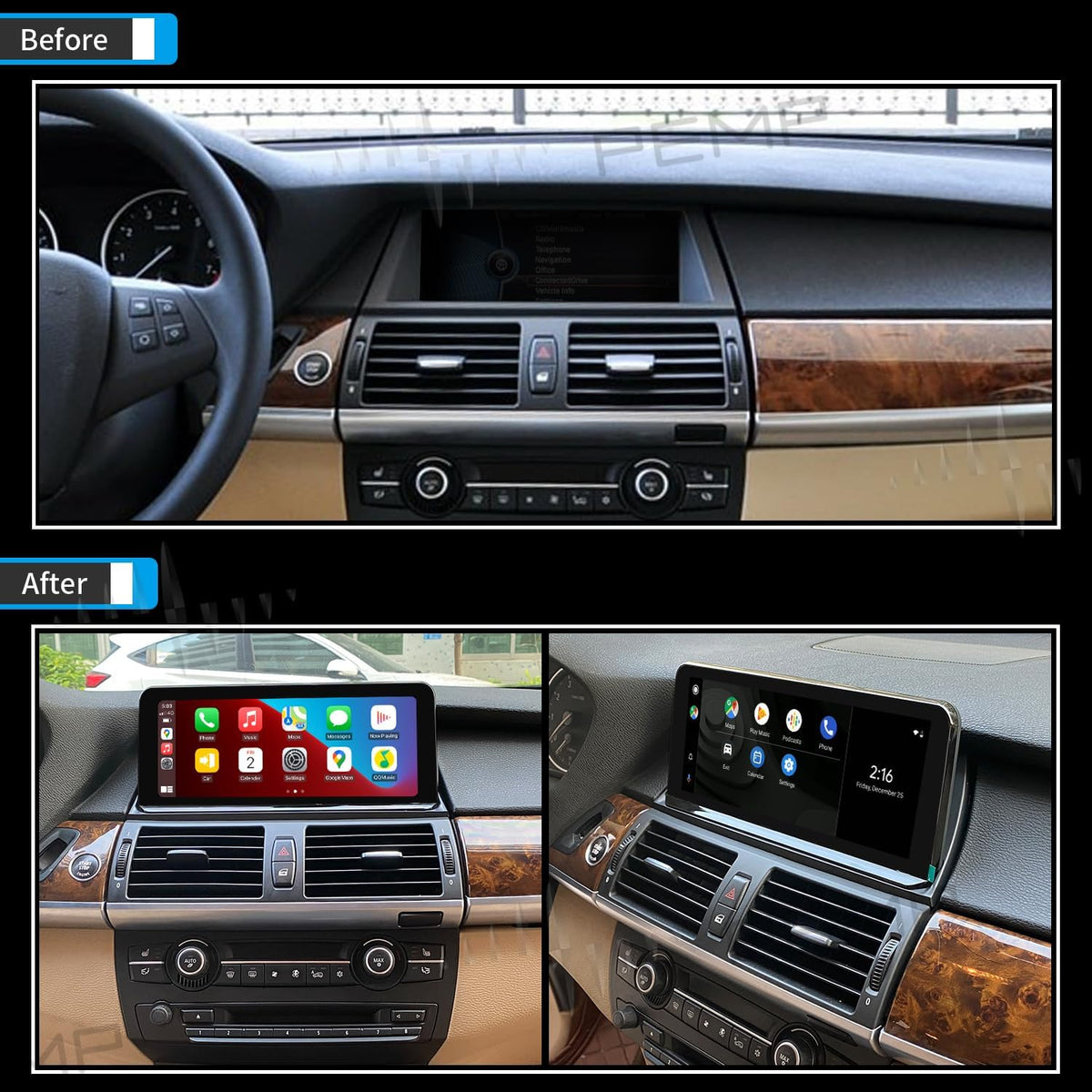 PEMP Linux Vertical Screen E70 E71 CIC Wired and Wireless CarPlay Retrofit Android Auto Mirror Link Car Screen for BMW X5 X6 (2010-2012) with a 720P AHD Reverse Camera