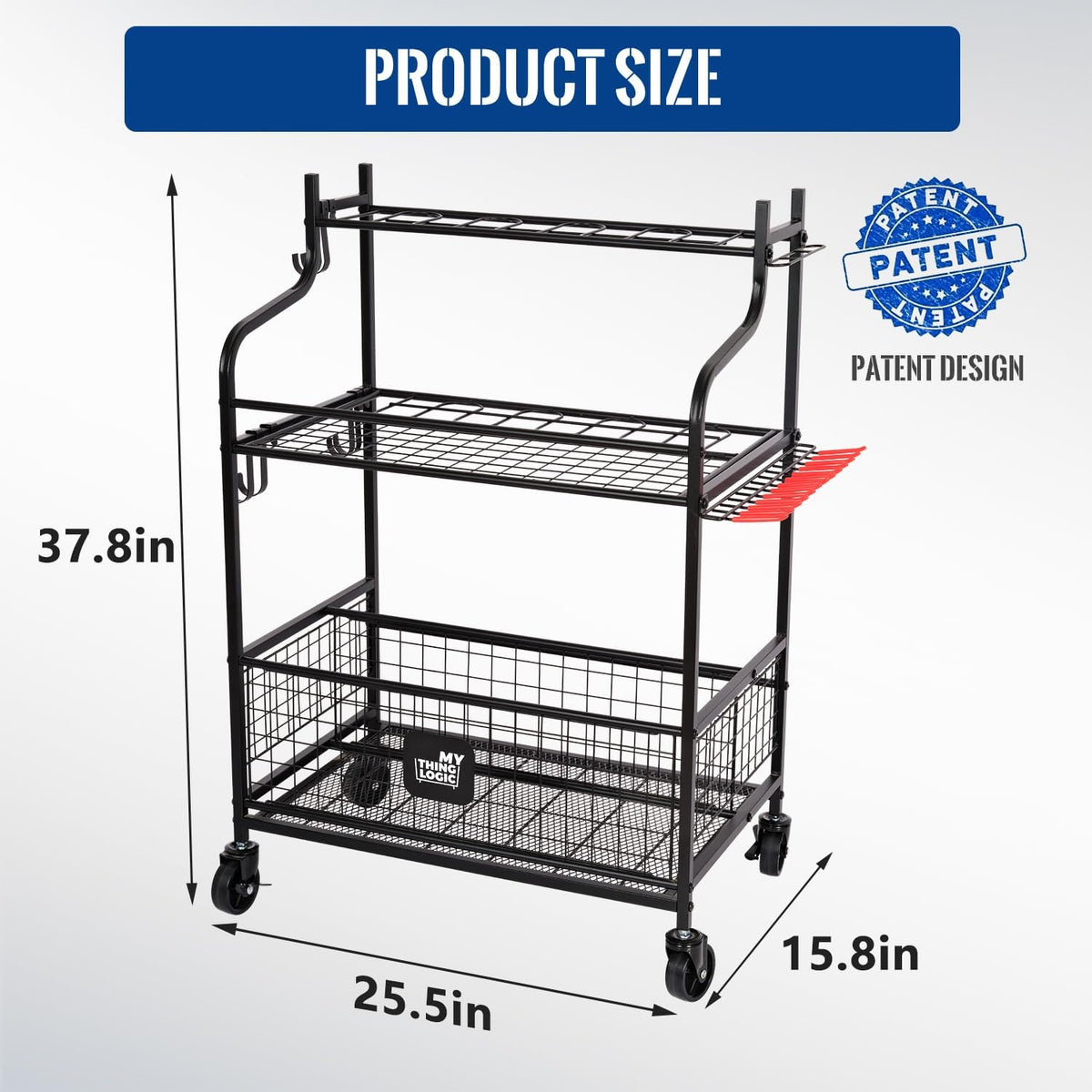 Mythinglogic Garden Tool Organizer for Garage, Yard Tool Rack with Wheels, Garage Organizers and Storage Holder for Yard Tools (Deluxe Tower)