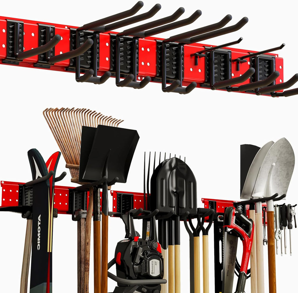 Garage Tool Organizer Wall Mount 49.5inch With 9 Hooks,Shovel Holder Wall Mount Ski Rck for Garage Garden Tool Rack Heavy Duty(Red)