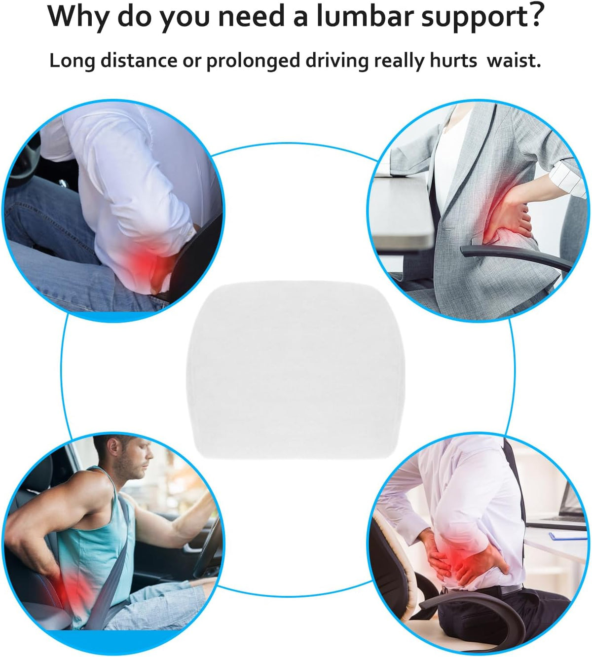 Lumbar Support Pillow Ergonomic Memory Foam Lumbar Pillow for Lower Back Pain Relief - Back Cushion for Driving, Chair Support for Car, Office & Gaming Chairs (White, 1PC)