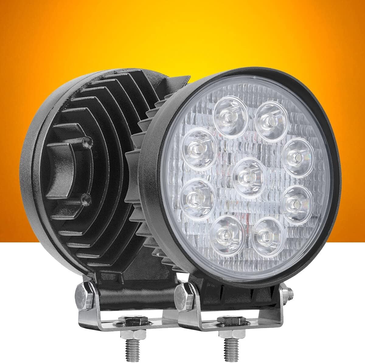 27W Spot Amber Yellow Round Work LED Light Fog Offroad Off Road Lights Driving Lamp Waterproof for Hunting Pickup UTV Truck Car Boat SUV Boat 4WD ATV 12V 24V 4x4 Tractor Motorcycle（2pcs）