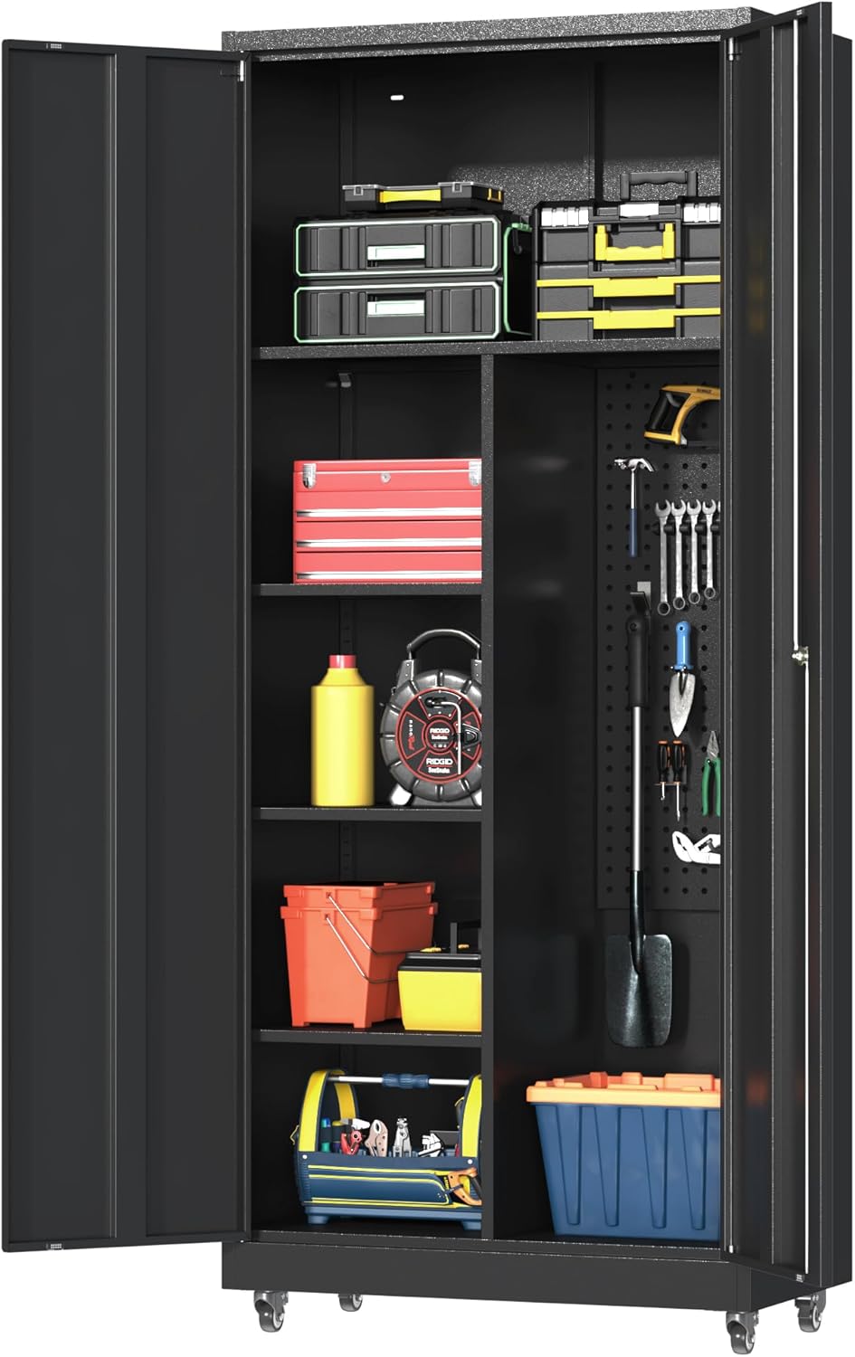 Metal Garage Storage Cabinet with 2 Doors, Adjustable Rolling Tool Storage Cabinet with Lock, 71" Steel Locking Tool Cabinet with Wheels and Shelves for Garage, Warehouse(Black, 71" H)