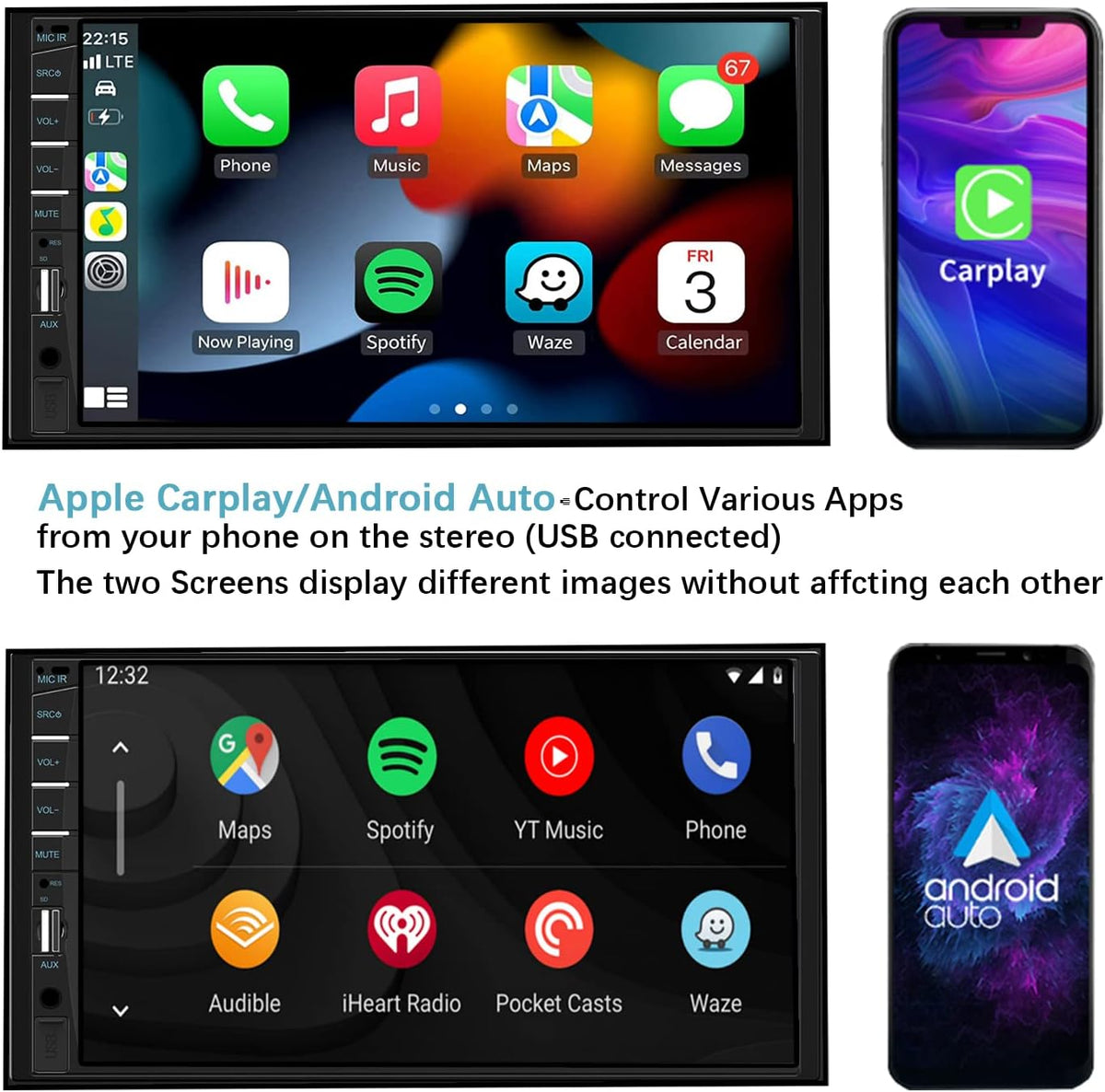 Naifay Double Din Car Stereo Compatible with Apple Carplay and Android Auto, 7 inch HD Touchscreen Car Radio Car Audio Receivers, Bluetooth, Backup Camera, Mirror Link, USB/AUX/TF/Subwoofer, FM Radio
