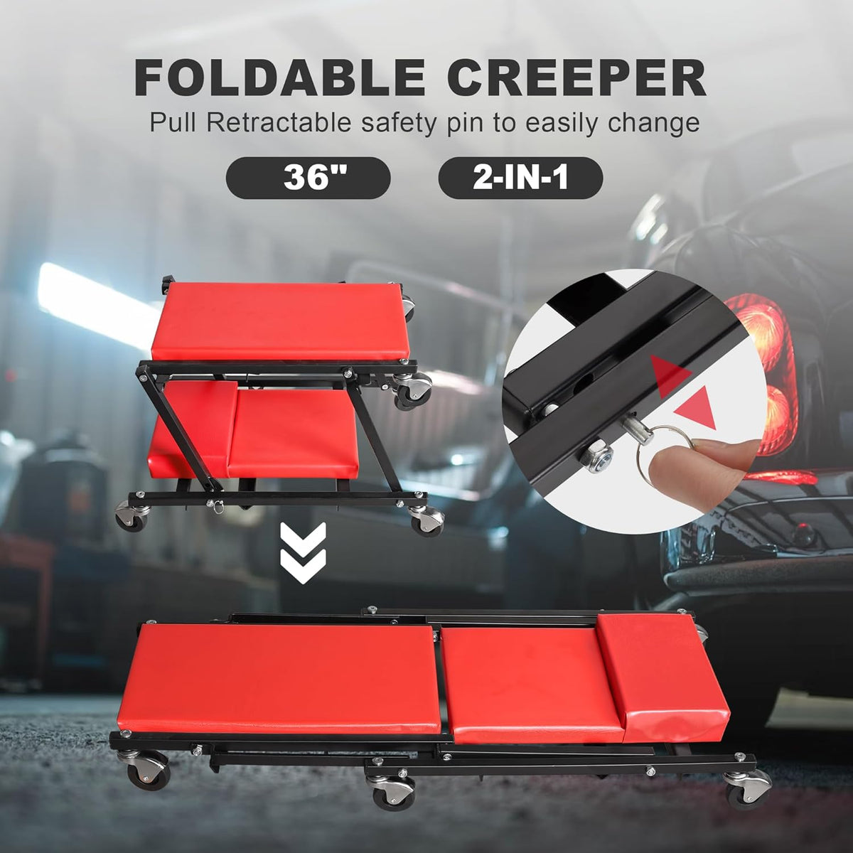 Torin 36" Rolling Foldable Car Creeper Automotive Creeper, 2-in-1 Garage Shop Creeper for Auto Repair, 300 Lbs Capacity, Red,TAM6505RB