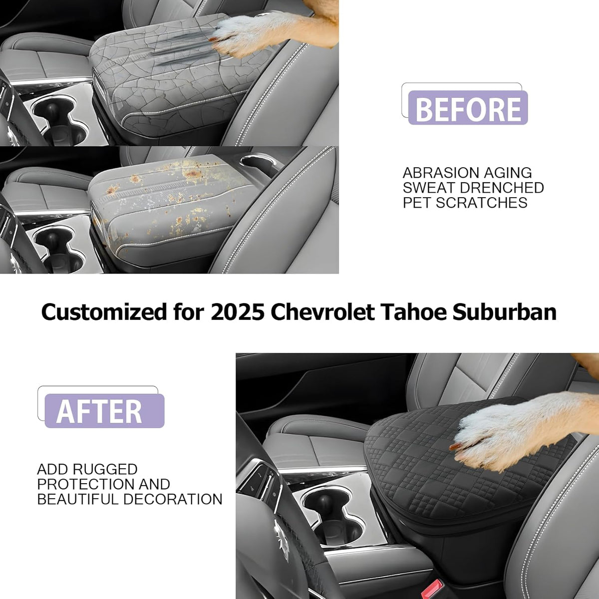 LUWU 2025 Suburban Tahoe Center Console Cover Compatible with 2025 Chevrolet Suburban Tahoe Accessories 2025 Chevy Suburban Tahoe Armrest Cover Armrest Console Cover (Thick Black)