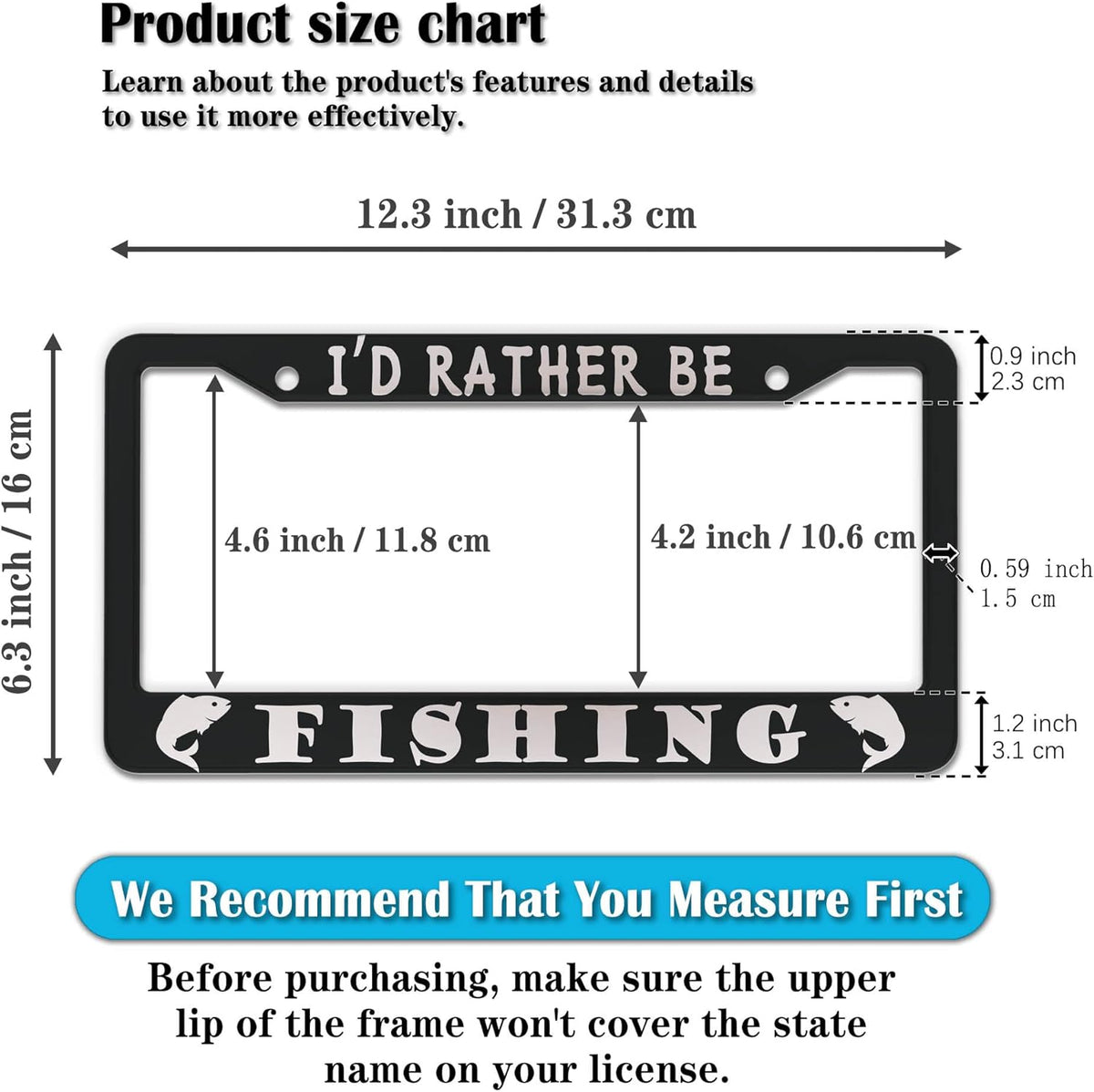 Automotive Exterior Accessories Black and White License Plate Frames I'd Rather Be Fishing Universal Aluminum Car Accessory 2 Pack with Screw Covers Set
