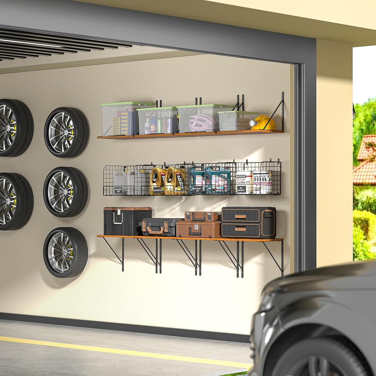 2 Pack Garage Shelves Wall Mounted with Wire Storage baskets, Heavy Duty Garage Wall Shelving with Hooks, Wooden floating shelves Tool Organizer for Home Garden Garage Organizers and Storage