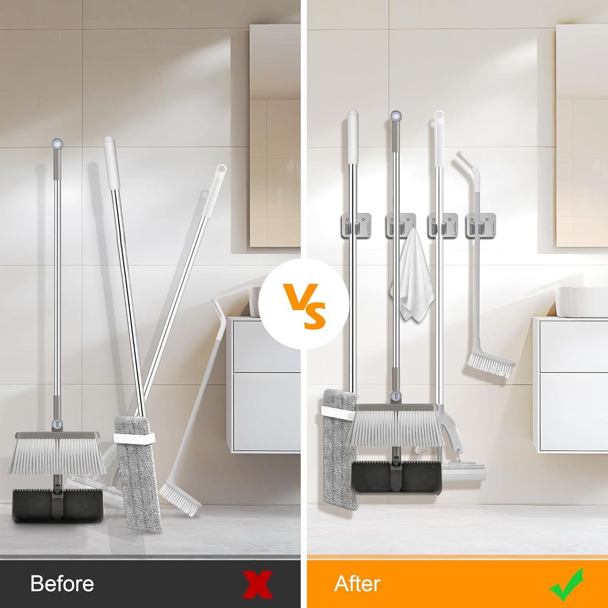 4 Pack Stainless Steel Mop and Broom Holder Wall Mount with Hook, Screw Drilling Mop and Broom Hanger, Single Heavy Duty Storage Rack for Laundry Garage Closet Garden Tool Organizer, Silver