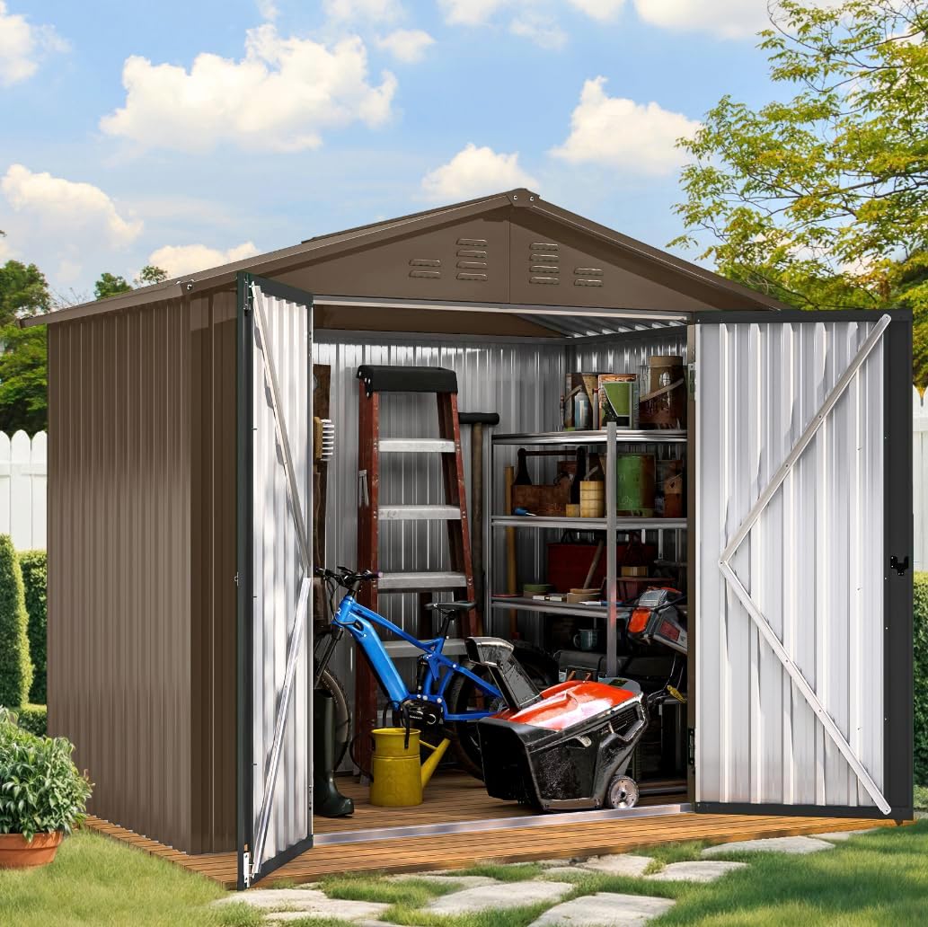 DWVO 6x4ft Storage Shed for Outdoors, Metal Sturdy Weatherproof Tool Locker with Secure Door and Ventilation for Equipment, Mowers, Bikes, Outdoor Spaces, Brown