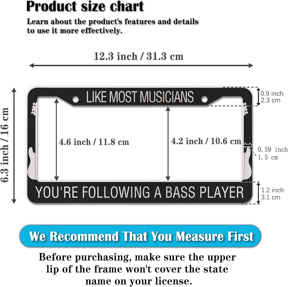 License Plate Frame Holder Black and White License Plate Frames Like Most Musicians Following Bass Player Aluminum Metal Car Accessory 2 Pack with Screw Covers Set